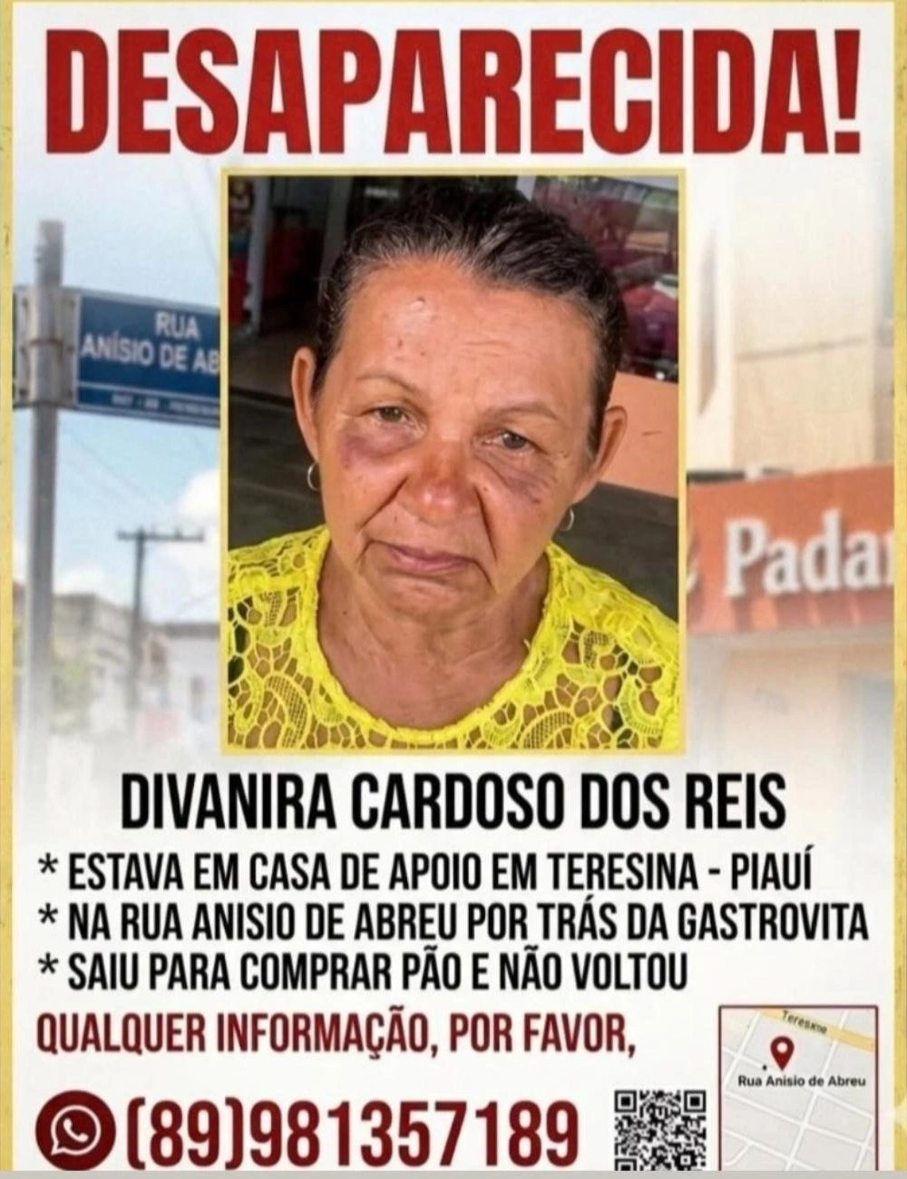 Familiares procuram por idosa de 66 anos desaparecida em Teresina.